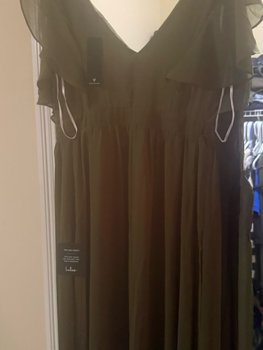 Lulu's Olive Ruffle V-Neck Maxi Dress